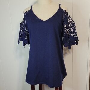 Women's TFSDOD Navy Cold Shoulder Lace Top